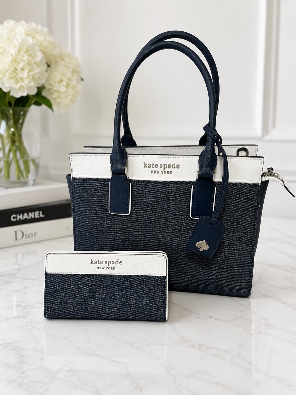 Kate Spade Cameron Denim Colorblock Medium Satchel with matching wallet